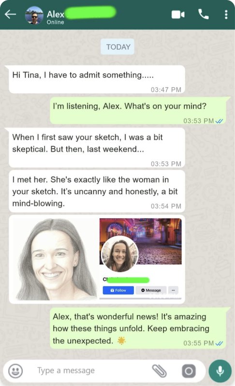 Chat message from client Alex to Tina Aldea about her soulmate sketch