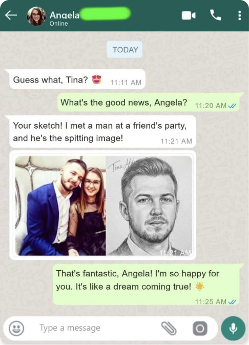 Chat message from client Angela to Tina Aldea about her soulmate sketch