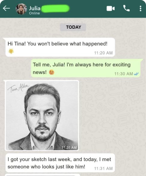 Chat message from client Julia to Tina Aldea about her soulmate sketch