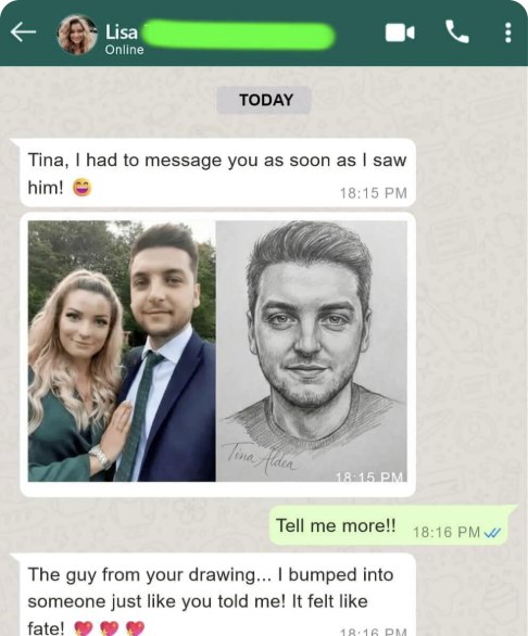Chat message from client Lisa to Tina Aldea about her soulmate sketch