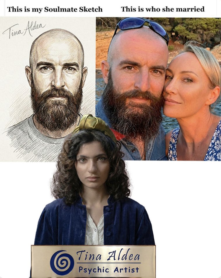 A soulmate sketch by Tina Aldea shown beside a photo of a couple, with a portrait of Tina Aldea, psychic artist